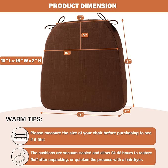 Battilo Chair Cushions for Dining Chairs with Ties, Indoor/Outdoor Kitchen Chair Pad with Non-Slip Backing, Dining Seat Cushion with Machine Washable Removable Cover, 16"x16"x2", Set of 2, Brown