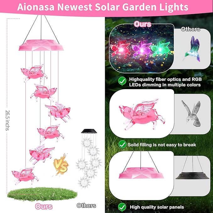 Solar Wind Chimes for Outside- Pig Wind Chimes Pink,7 Colors Changing Outdoor Waterproof Flying Pig LED Wind Bell, Patio Garden Yard Decor(Gifts for Dad,Mom, Women, Gardening Gifts)