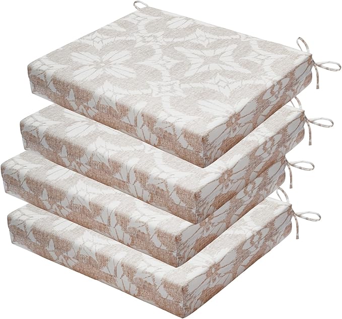 Outdoor Chair Cushions Set of 4, 18.5 x 16 Inch Patio Chair Cushions for Outdoor Furniture, Water Resistant, Non-Slip Ties (Beige Floral)