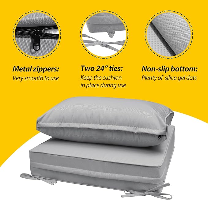 AAAAAcessories Outdoor Seat Cushions for Chairs, Fade-Resistant, Waterproof Patio Furniture Replacement Cushions, 25.5" x 25.5" x 5" + 25.5" x 13.5", Gray