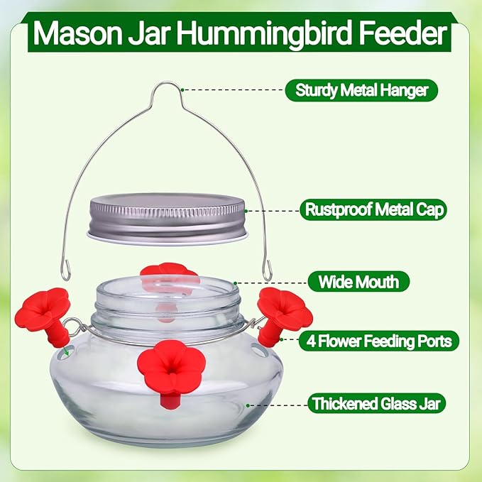 Glass Hummingbird Feeders for Outdoors Hanging, Cute Mason Jar Shape with 4 Silicone Flower Feeding Ports, Top Fill Leak Proof Easy to Clean and Refill, Humming Bird Feeder for Outside Garden