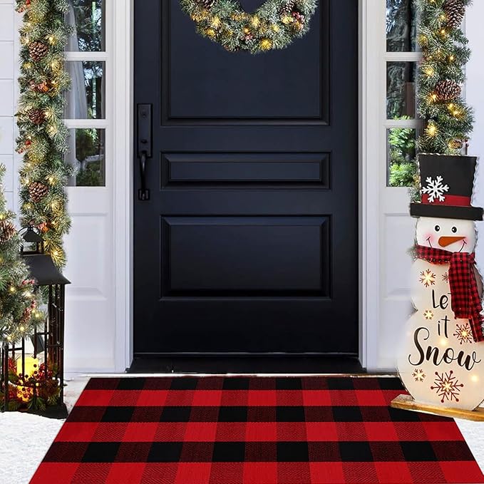 Christmas Door Mat Outdoor 24"x51"Buffalo Plaid Christmas Decor Rug Cotton Hand-Woven Layered Door Mats Washable Carpet for Front Porch, Kitchen, Farmhouse, Entryway