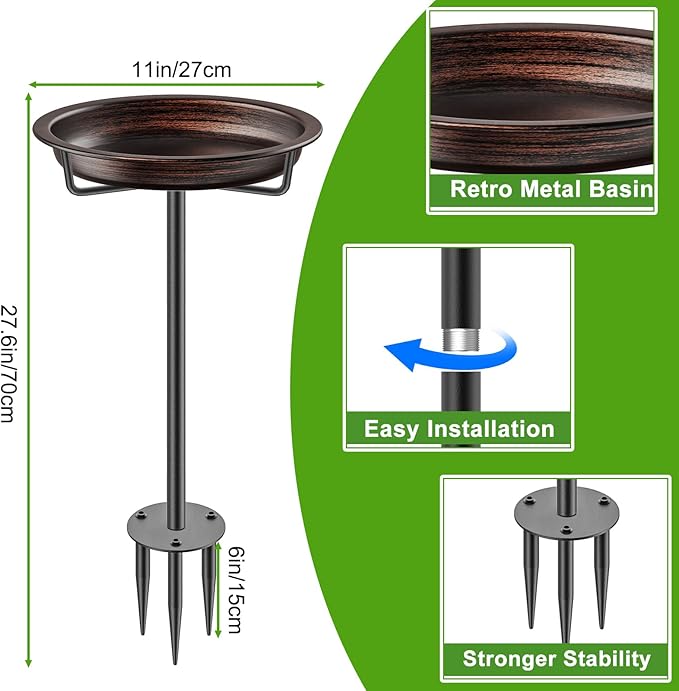 Bird Baths for Outdoors, Detachable Birdbaths for The Garden Clearance, Heavy Duty Freestanding Bird Baths, Bird Bath Bowl Spa & Birdfeeder with Metal Stake Stand (Retro Brown)