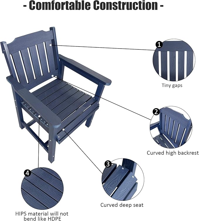 Poly Lumber Patio Dining Set, HIPS Outdoor 36.2-Inches Dining Table and Slat Back Chairs, with Umbrella Hole, Weather Resistant (5 Piece, Navy Blue)
