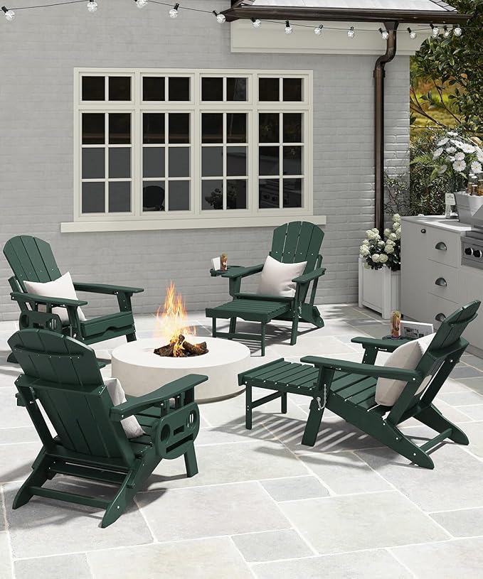 Adjustable Adirondack Chair with Retractable Ottoman Set of 6, HDPE Folding Adirondack Chair with Cup Holder, All Weather Fire Pit Chair for Outdoor.