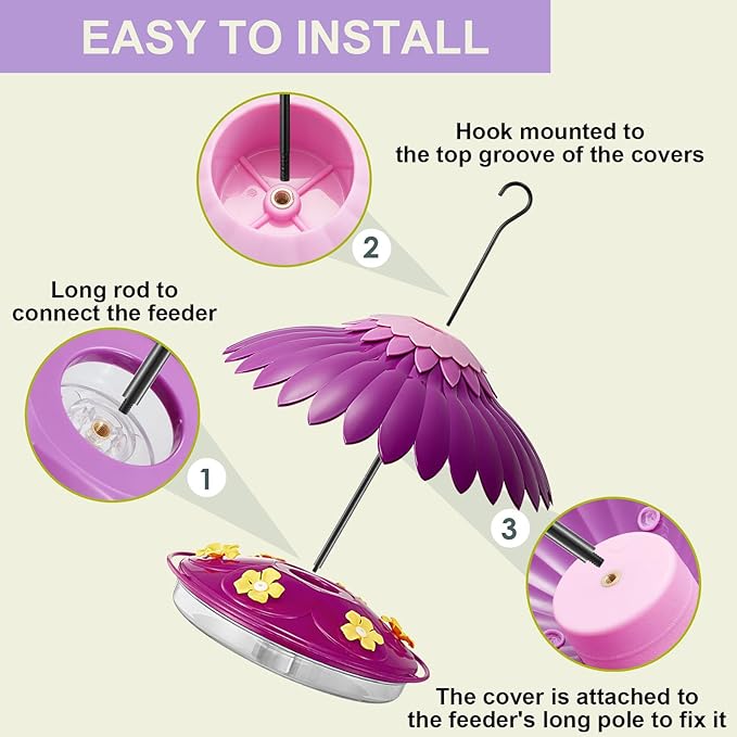 Hummingbird Bird Feeders for Outdoors Hanging, Bird Feeder Cover Built-in Moat Weather Protective Rain Guard 16Oz Hummingbird Nectar Feeder with 6 Ports and 14 Inche Dome Baffle Kit(Purple)