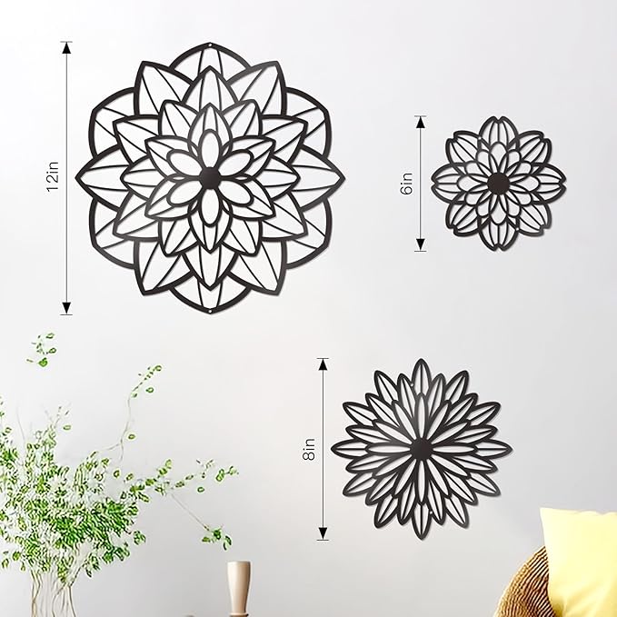 Zzbakress 3 Pcs Metal Flowers Wall Decor Black Wall Decor Metal Flower Art Farmhouse Wall Art Multiple Flowers Hanging Decor for Bathroom Living Room Kitchen Garden Office (Black Modern)