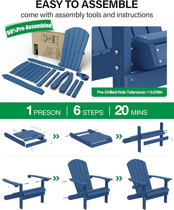 YEFU Adirondack Chairs Set of 4: Outdoor Chair HIPS Plastic Adirondack Chairs - Patio Chairs with Cup Holder & Wood Texture - Lawn Fire Pit Deck Porch Garden Chairs for Adults (Navy Blue)