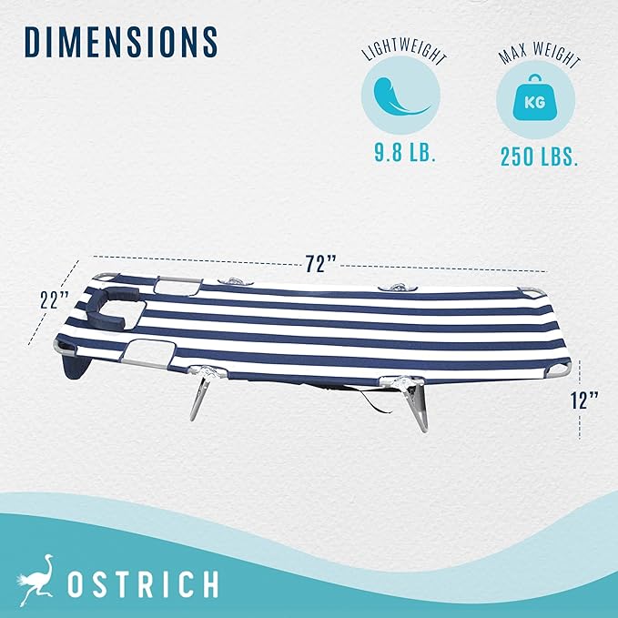 Ostrich Beach Lounge Chair, Folding & Reclining Outdoor Chaise Lounger, Navy/White Striped - Portable Adjustable Recliner Chairs for Lawn, Pool, Patio, Garden, and Yard