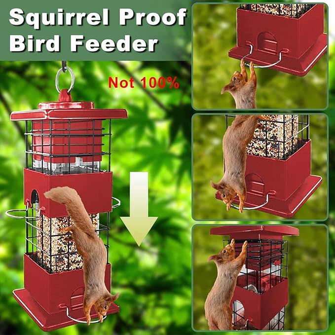 Squirrel Proof Bird Feeder for Outdoors Hanging, 3Lbs Metal Weight-Activated Birdfeeder with 4 Feeding Ports, Wild Birds Seed Feeder for Cardinal, Finch, Sparrow (Red)