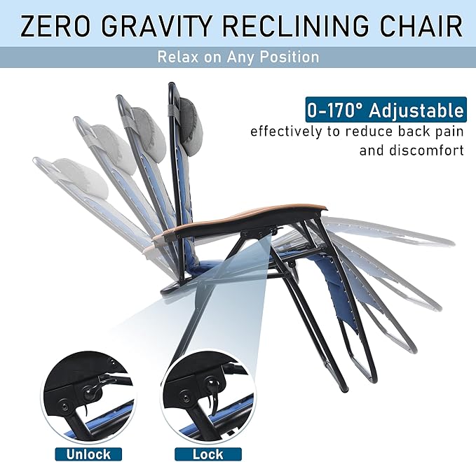PHI VILLA XXL Oversized Padded Zero Gravity Chair Set of 2, Foldable Patio Recliner, 30" Wide Seat Anti Gravity Lounger with Armrest and Cup Holder, Support 400 LBS (Thumb Blue)