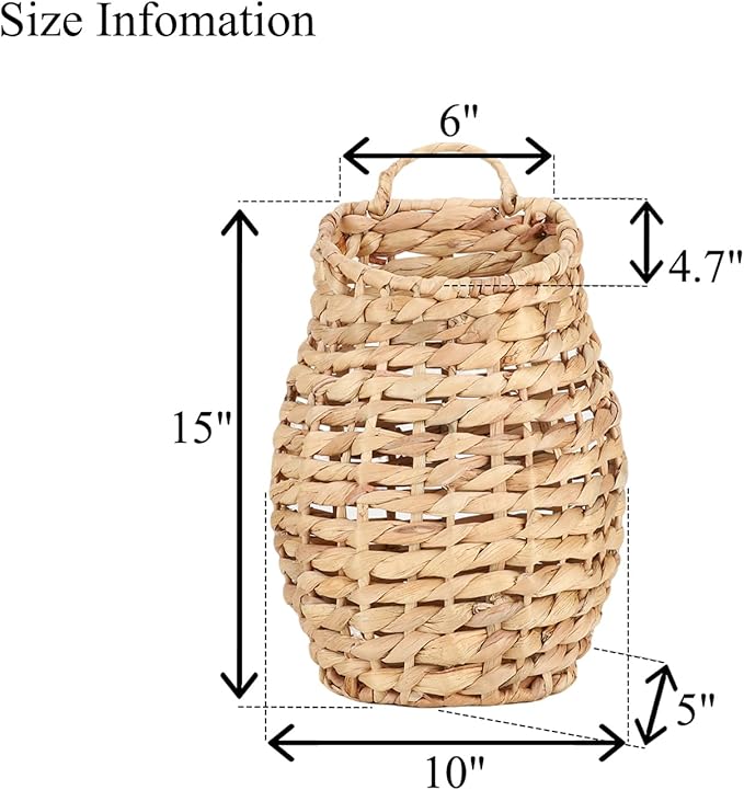 YRMT Water Hyacinth Woven Hanging Basket Wall Hanging Basket Decorative Front Door Basket Decor for Flower Plants Boho 15" x 10"