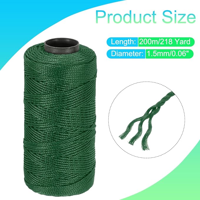 MECCANIXITY Nylon String 3 Strands Twisted Mason Line 1.5mm x 218 Yards Nylon Twine String for DIY Projects, Home Improvement, Gardening, Gift Wrapping, Christmas Party Supplies, Dark Green