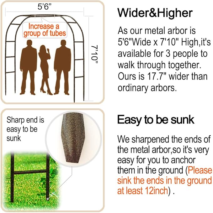 Metal Garden Arch,7.8 Feet High x 5.5 Feet Wide Sturdy Metal Arbor with Sharp Ends for Climbing Vines and Plants,Weddings Quinceaneras Party Decoration