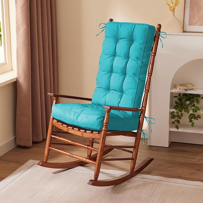Rocking Chair Cushion, Waterproof and Fade-Resistant Patio Chair Cushions, Tufted Chair Pads for Rocker Furniture, 18x18 Inch, Indoor/Outdoor Seat Cushions with Ties, Teal Blue