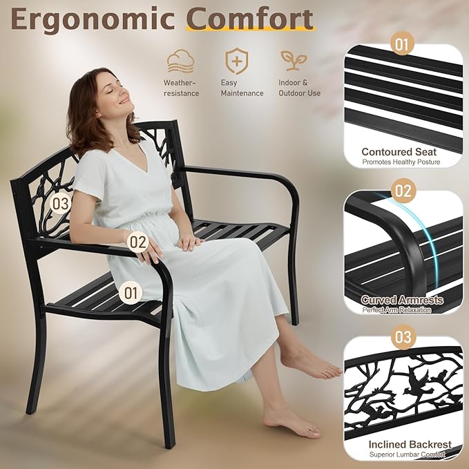 VINGLI Outdoor Bench for Patio Metal Garden Bench w/PVC Back Pattern, Black Park Benches Front Porch Benches for Yard Lawn Decor Deck Entryway (Black-Bird)