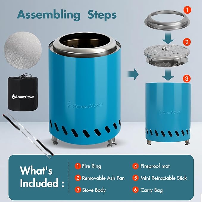 9.7 x 7.1 Inch Tabletop Fire Pit by AmazStove, Low Smoke Camping Stove for Outdoor Safe Burning Firepits, Fueled Pellets or Wood, Travel Bag Included (Blue, 9.7 x 7.1 INCH)