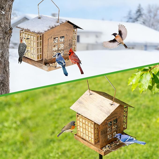 Bird Feeders for Outdoors, Metal Bird Feeder with Double Suet Cage Weatherproof Metal Roof, Suet Feeders for Outside Hanging, 5LB Large Seed Capacity