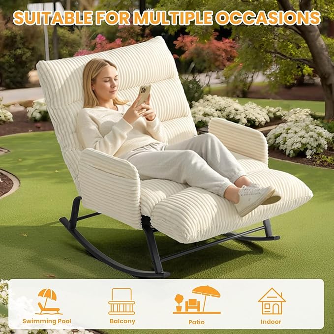 Oversized Rocking Chair with Adjustable Backrest and Footrest, Outdoor Reading Chair - Chaise Lounge Chair Indoor, Comfy Corduroy Rocking Chair for Patio, Porch, Balcony, Living Room