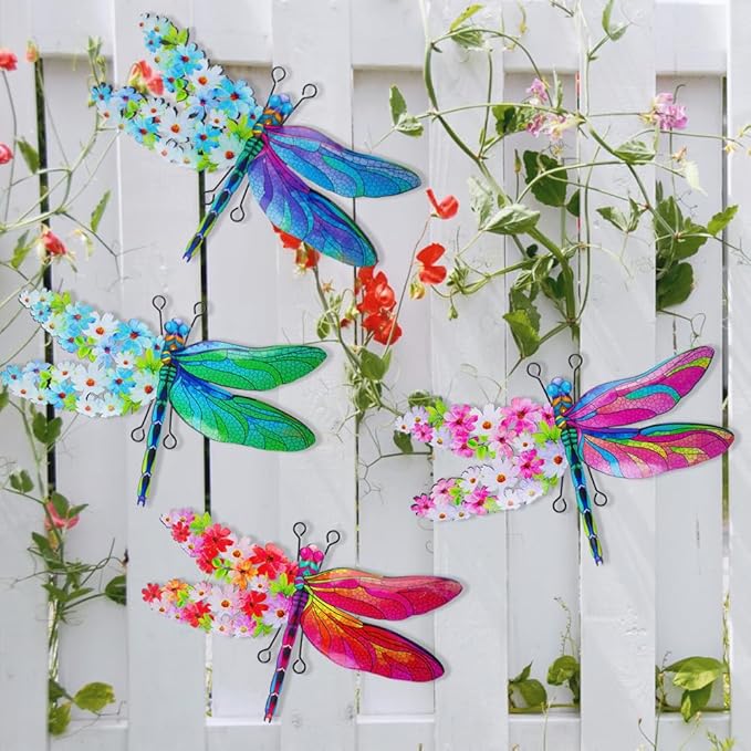 Dragonfly Wall Decor, 4 Pack Metal Outdoor Wall Decor Art, Colourful Dragonfly Decor for Garden Yard Patio Fence Living Room Bedroom