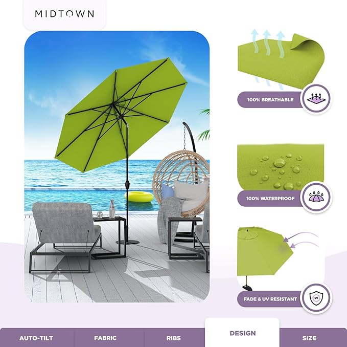 Midtown Umbrellas - 10-Year-No-Fade 6 Ft Patio Umbrella with Terylast Fabric, Auto-Tilt Aluminum Frame and 8 Reinforced Ribs for Deck, Pool, Garden & Beach - Pear Green Canopy, Black Pole