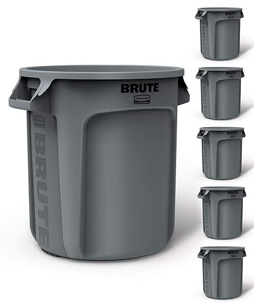 Rubbermaid Commercial Products BRUTE Heavy-Duty Round Trash/Garbage Can, 10-Gallon, Gray, Outdoor Waste Container for Landscapers/Construction/Restaurants/Back of House/Offices/Warehouses, Pack of 6