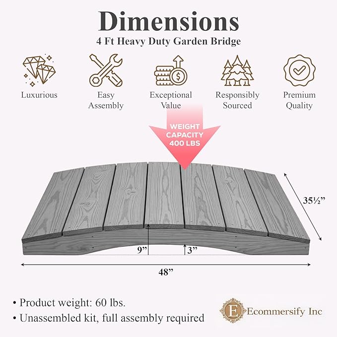 4 FT Grey Amish Made Pinewood Heavy Duty Garden Bridge for Walkway, Backyard Pond & Landscaping, Outdoor Wooden Footbridge for Koi Pond, Japanese Style Decorative Bridge, Made in USA