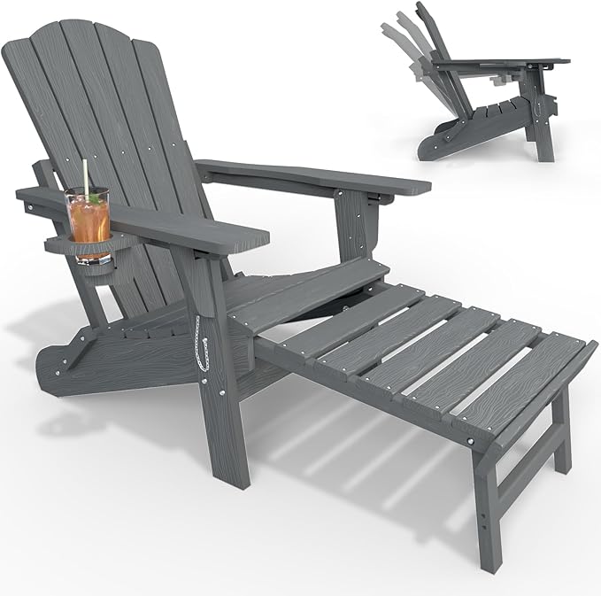 Folding Adjustable Adirondack Chairs with Ottoman & 1 Cup Holders, HDEP Multifunctional Adirondack Chair with Footrest,Grey