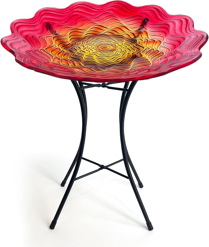 HONGLAND Bird Bath for Outside,15" Diameter Large Glass Birdbaths for Outdoors,Detachable Bird Baths Bowl with Metal Stand for Garden Patio Lawn Decor,19" Height - Red