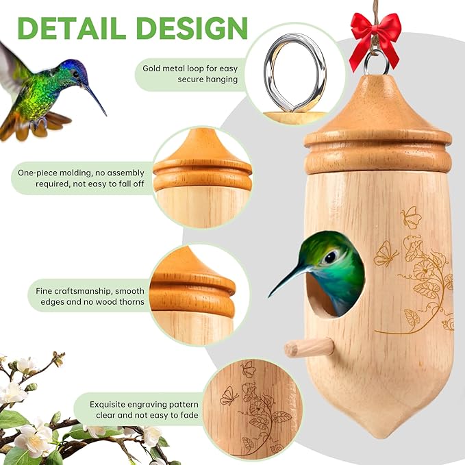 Hummingbird House, Solid Wood Hummingbird Houses for Outside-Exquisitely Handcrafted Birdhouse with Ribbon and String Hanging Kit, Durable Garden Decor, Perfect Gardening Gift (Style-D, 3 Pack)