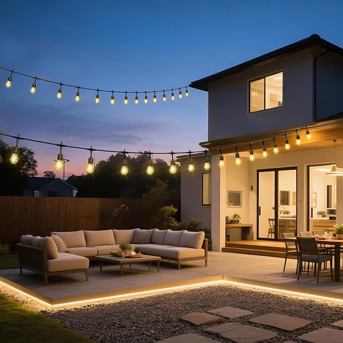 Outdoor Safety String Lights 150FT - Commercial Grade Low Voltage Strand with 60 S14 Shatterproof Bulbs for Tree Garden Yard bistro Cafe | Warm Yellow 3500K Party Lights | IP65 Waterproof | UL Listed