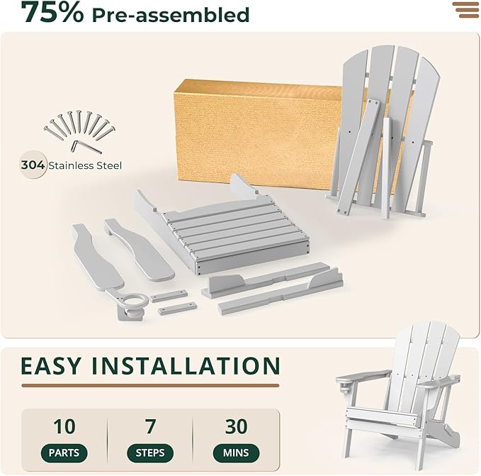 BRIOPAWS Folding-Adirondack-Chairs Set of 4 | HDPE Plastic | Fire Pit Chair | Cup Holder | Curved Back | All Weather | for Outdoor Backyard Deck Patio | White