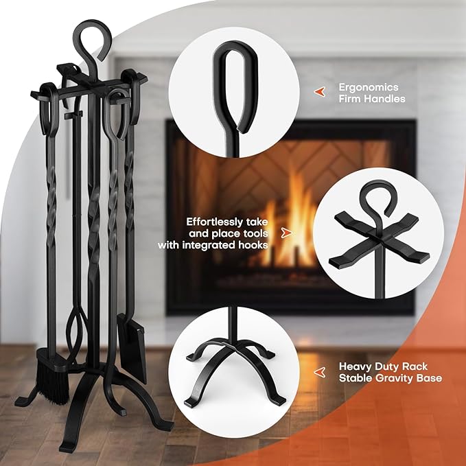 COMFYHOME Fireplace Tools 5 Pcs, 32-Inch Wrought Iron Fireplace Tools Set with Ergonomic Handle, Fire Poker, Tong, Shovel, Brush, Stand for Outdoor Indoor Fire Pit, Modern Fireplace Kit, Black