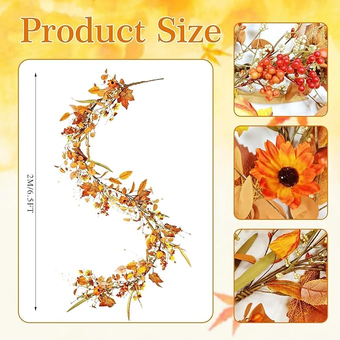6.5FT Fall Garland, Artificial Maple Leaf Hanging Vine for Indoor Outdoor, Fireplace Mantle Thanksgiving Halloween Holiday Decor