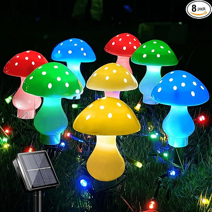 Upgraded Outdoor Solar Garden Lights, 8 Pack 50 LED Mushroom Outdoor 8 Modes 23ft Waterproof Solar Powered Landscape Cute Fairy String Light for Yard Patio Outside Decor（Multicolor）