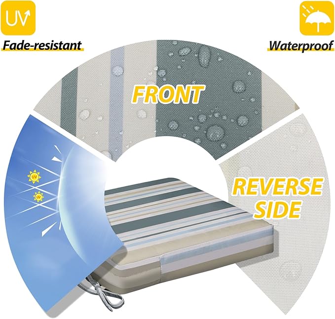 AAAAAcessories Outdoor Seat Cushions for Chairs, Waterproof, Fade-Resistant, 24" x 24" x 4", Patio Furniture Replacement Cushions, Set of 2, Slate Gray Blue Coastal Stripe