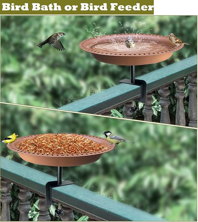 Garbuildman Deck Mounted Bird Bath Bowl Spa Birdfeeder & Adjustable Unheated Birdbath with Heavy Duty Clamp for Outdoor Garden, Oval Style, Brown
