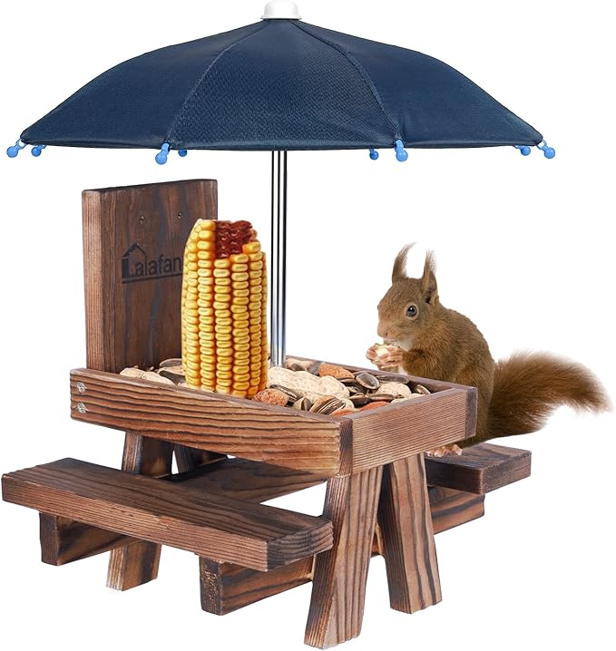Squirrel Feeder Picnic Table with Umbrella, Lalafancy Carbonized Wood Squirrel Feeder for Outside Funny Chipmunk Feeder with Corn Cob Holder Structure Solid for Squirrel Gift