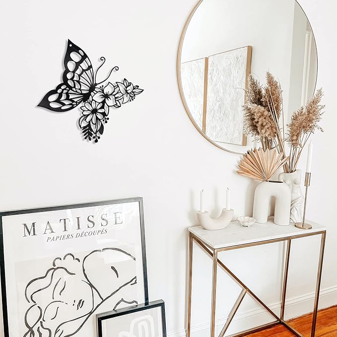 EZ4ENCE Butterfly Decoration Wall Art Boho Home Decor Hanging Appearance Metal Flower for Bedroom Living Room Wall,Black(Medium)
