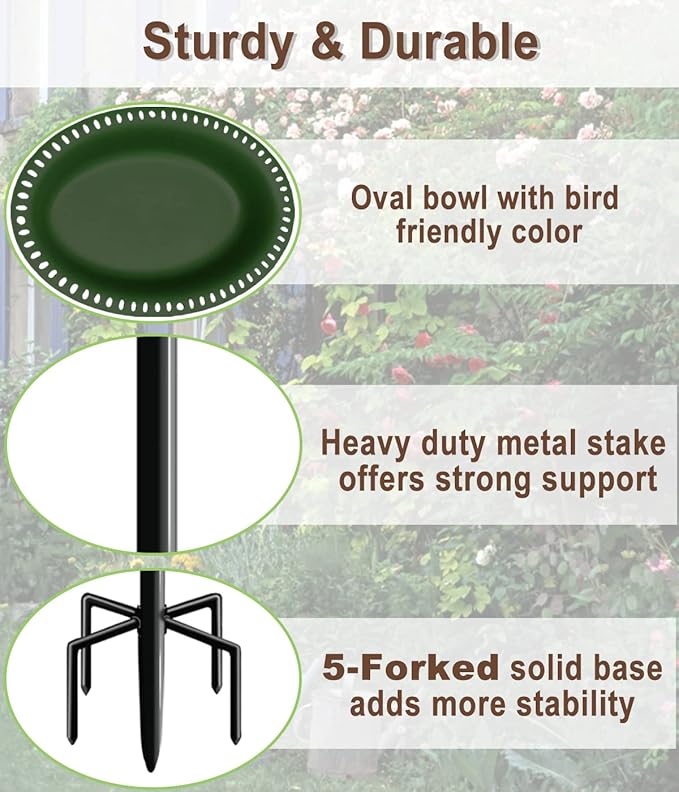 Garbuildman Upgraded 5-Prong Base Bird Bath with Metal Stake, Detachable Decoration Bowl Spa & Freestanding Birdfeeder for Outdoor Garden, Oval Style, Green