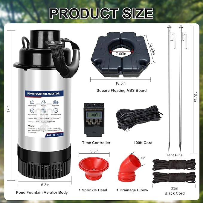 Pond Fountain Aerator 1HP 110V 750W - pond fountain- pond aerator 15,000 GPM - Includes 100-foot Power Cord - Features Tow Rope Steel Anchoring Pin Timer - Suitable for Ponds and Lakes