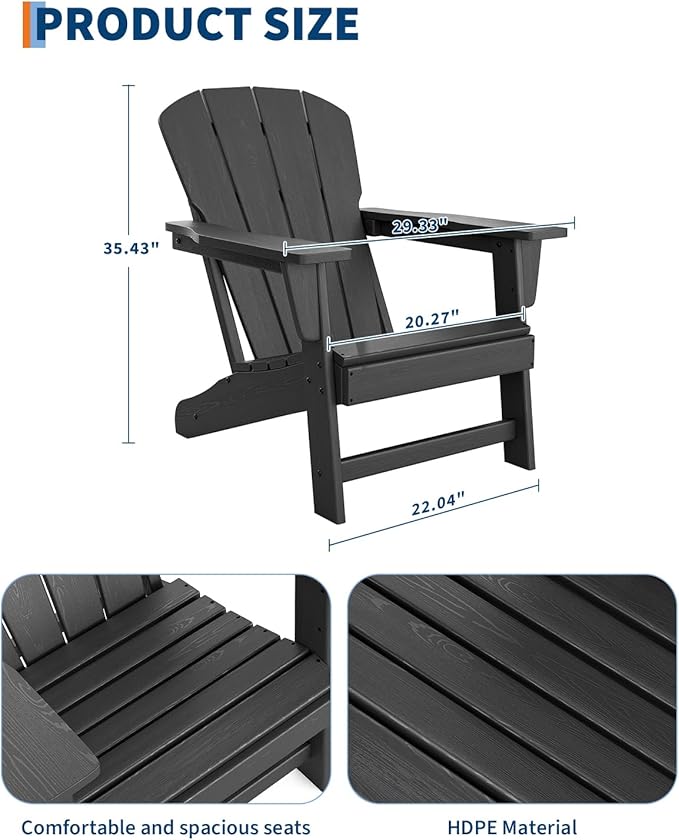 Modern HDPE Plastic Adirondack Chair - Oversize 380 LB Poly Lumber Weather Resistant Firepit Chair - Outdoor Patio Chairs with Wooden Textured for Garden, Backyard, Lawn, Deck, Pool, Porch - Black