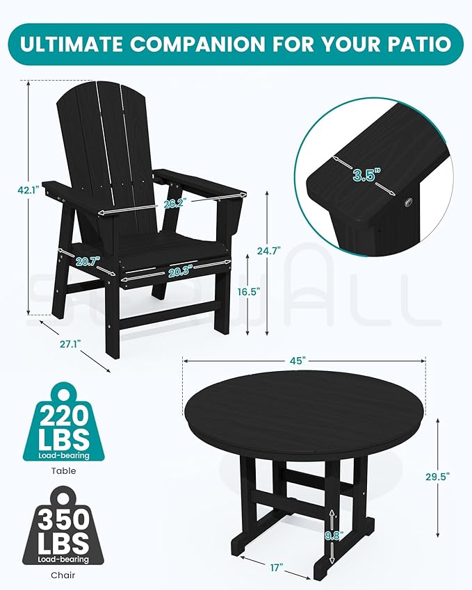 SERWALL Outdoor Adirondack Dining Chair Set of 2, All Weather HDPE Patio Chairs, Black
