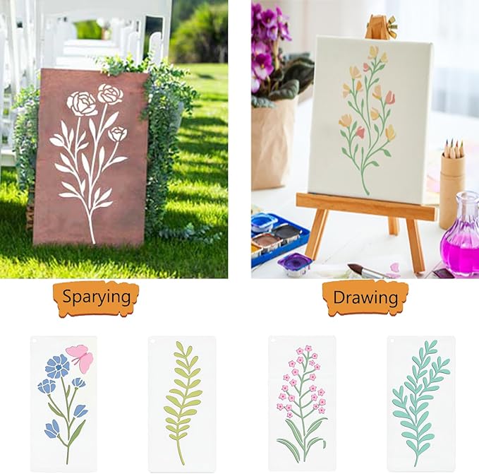 18 Pcs Flower Stencils for Painting on Wood, 6x3in Botanical Stencils Floral Templates for Drawing Spraying on Wall Canvas Scrapbook, Reusable Wildflower Stencil DIY Home Decors Ornaments Arts Crafts
