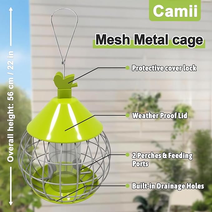 Bird Feeder for Outdoor, Squirrel Proof Bird Feeder for Outdoors Hanging, Weatherproof, Easy to Clean & Refill, Large Capacity Metal Seed Feeder for Finch, Blue Jay, Hummingbird, Green