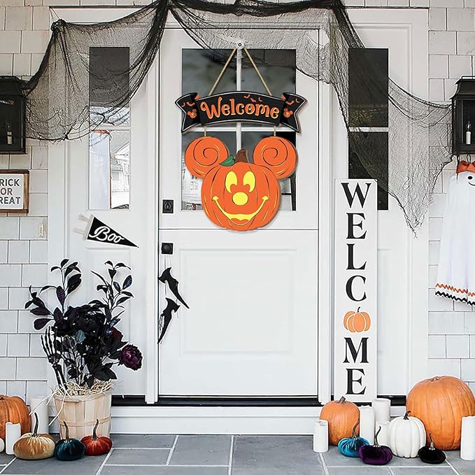 Halloween Mouse Pumpkin Decorations, Halloween Mouse Welcome Hanging Sign for Front Door, Happy Halloween Wooden Pumpkin Signs, Wood Door Hanger Ornaments for Home Window Wall Decor