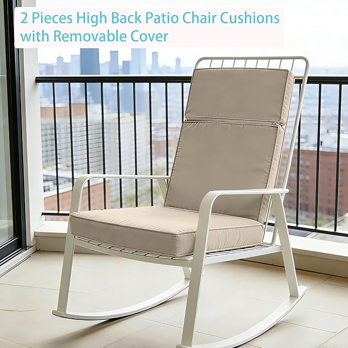 2 Pieces High Back Patio Chair Cushions, Fade Resistant Outdoor Rocking Chair Cushions, Office Chair Back Support Cushion (Khaki, Seat (21''x21''x3'')+Backrest (21''x28''x3''))