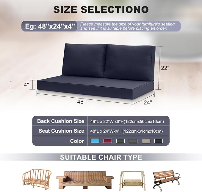 Outdoor Loveseat Cushions, 48 x 24 x 4 Inches Waterproof Fade Resistant Cushion Set for Couch, Bench and Swing
