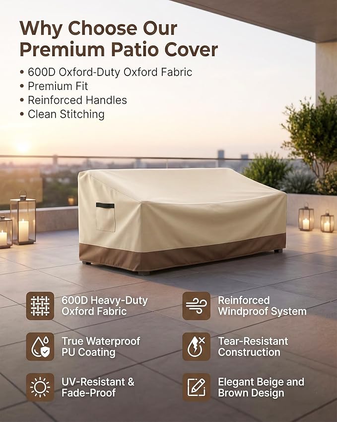 Outdoor Sofa Cover, Waterproof Patio Furniture Cover 78.7W x 38.2D x 35H inches Heavy Duty 600D Oxford Fabric White and Coffea