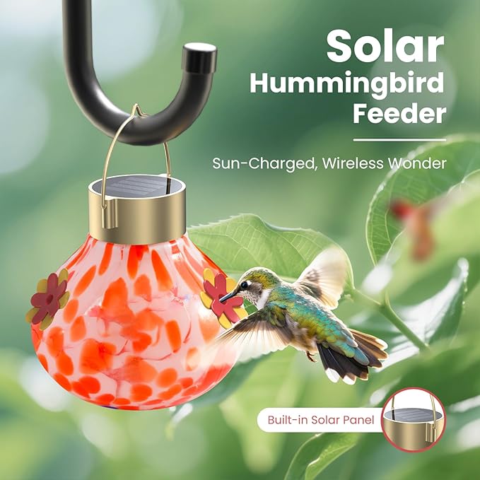 Hummingbird Feeder with Solar Light, Glass Hummingbird Feeder for Outdoors, Auto-Lighting Solar Light for Garden Decor, 3 Ports Attract More Birds, Waterproof Lamp, Ideal Gift, Red